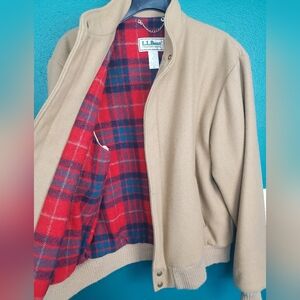 Vintage Tan Bomber Jacket with Red Plaid Lining